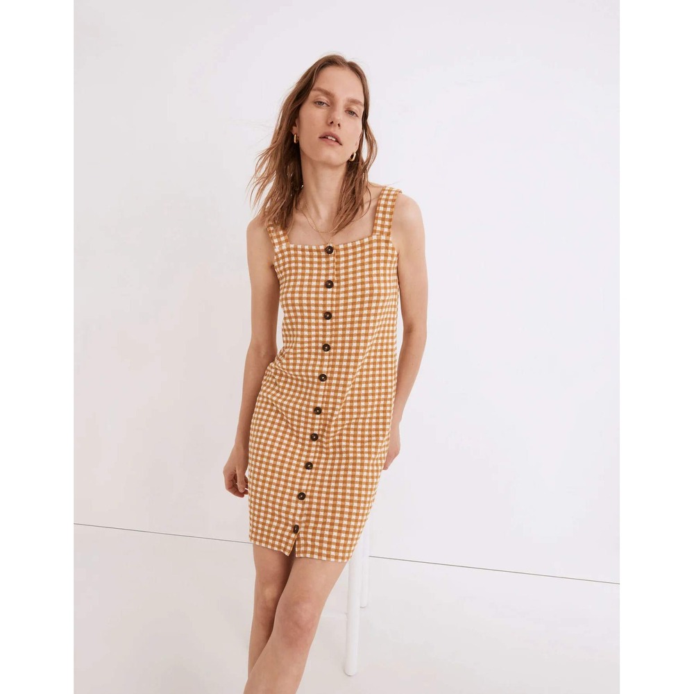 Madewell Womens Gingham Picnic Button Front Mini Dress Yellow White Size Small
